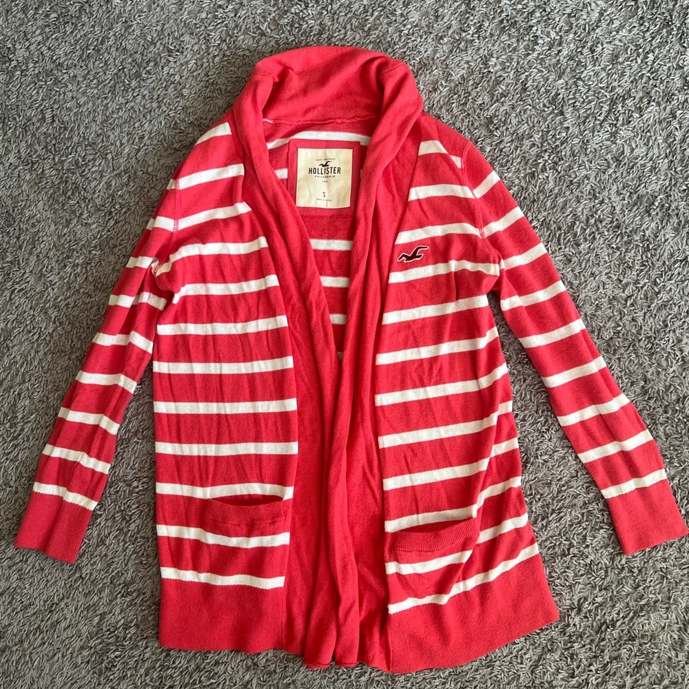 Hollister Women's Red and White Striped Cardigan